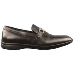 SALVATORE FERRAGAMO Size 8 Black Leather Silver Metal Gancini Loafers