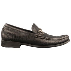 SALVATORE FERRAGAMO Size 8 Black Textured Leather Silver Gancini Loafers