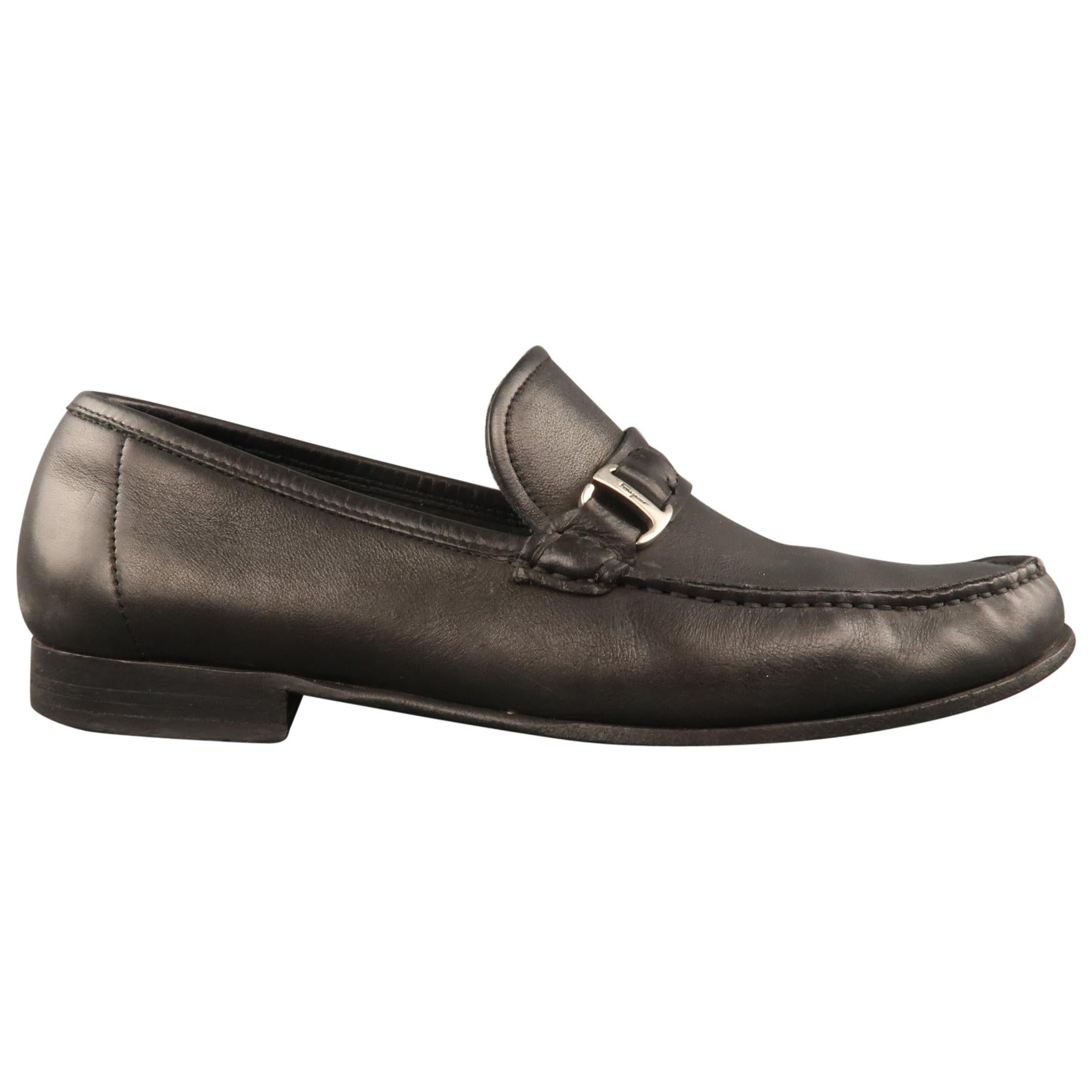 SALVATORE FERRAGAMO Size 9.5 Black Leather Slip On Silver Buckle Loafers