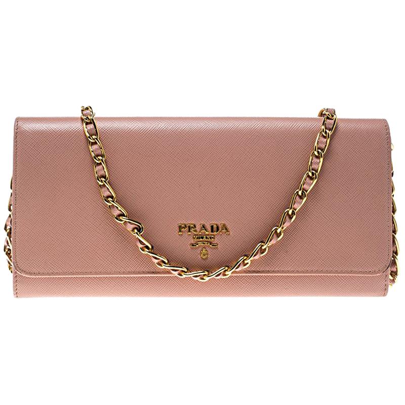 Prada Pink Saffiano Metal Leather Wallet on Chain