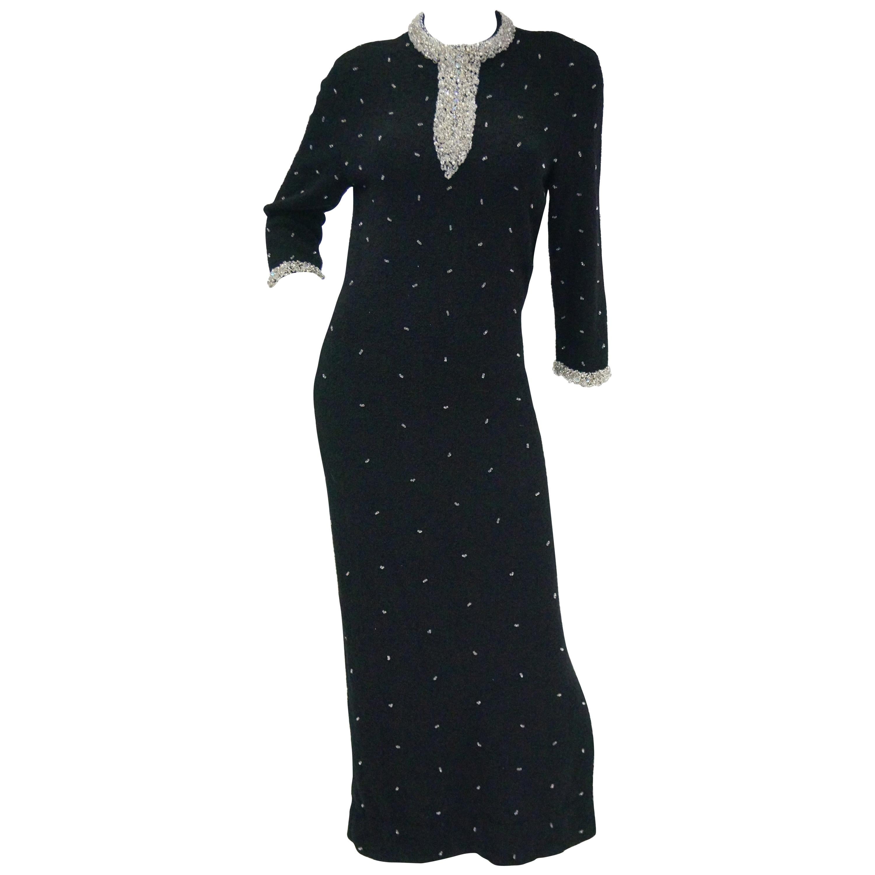 1960s Black Wool Knit Evening Dress Featuring Silver Glass Seed Bead Detail For Sale