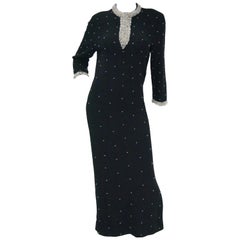 1960s Black Wool Knit Evening Dress Featuring Silver Glass Seed Bead Detail