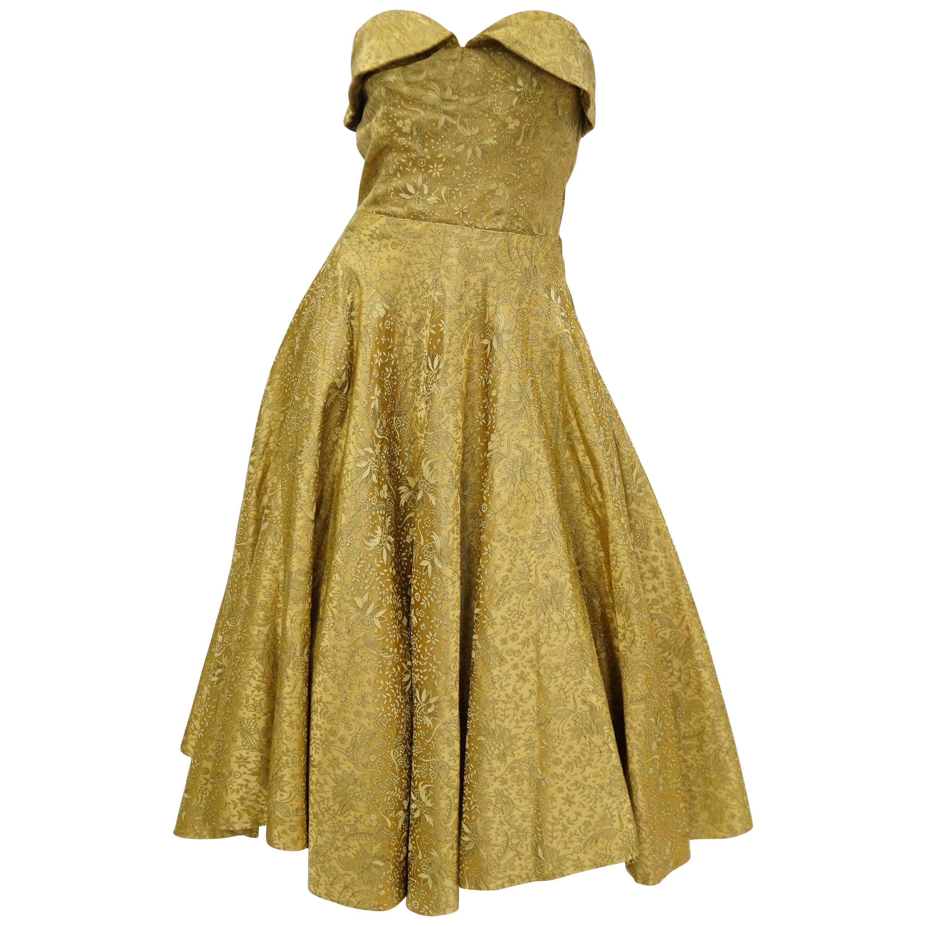 1950s Gold Floral & Peacock Brocade New Look Meets Bombshell Evening Dress 