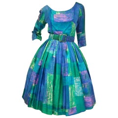 1950s Suzy Perette Blue and Green Geometric Watercolor New Look Cocktail Dress