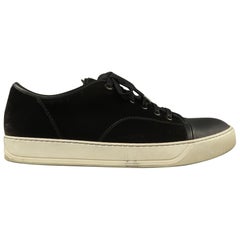 LANVIN Size 10 Charcoal Velvet & Black leather Lace Up Cap Toe Low Top Sneakers