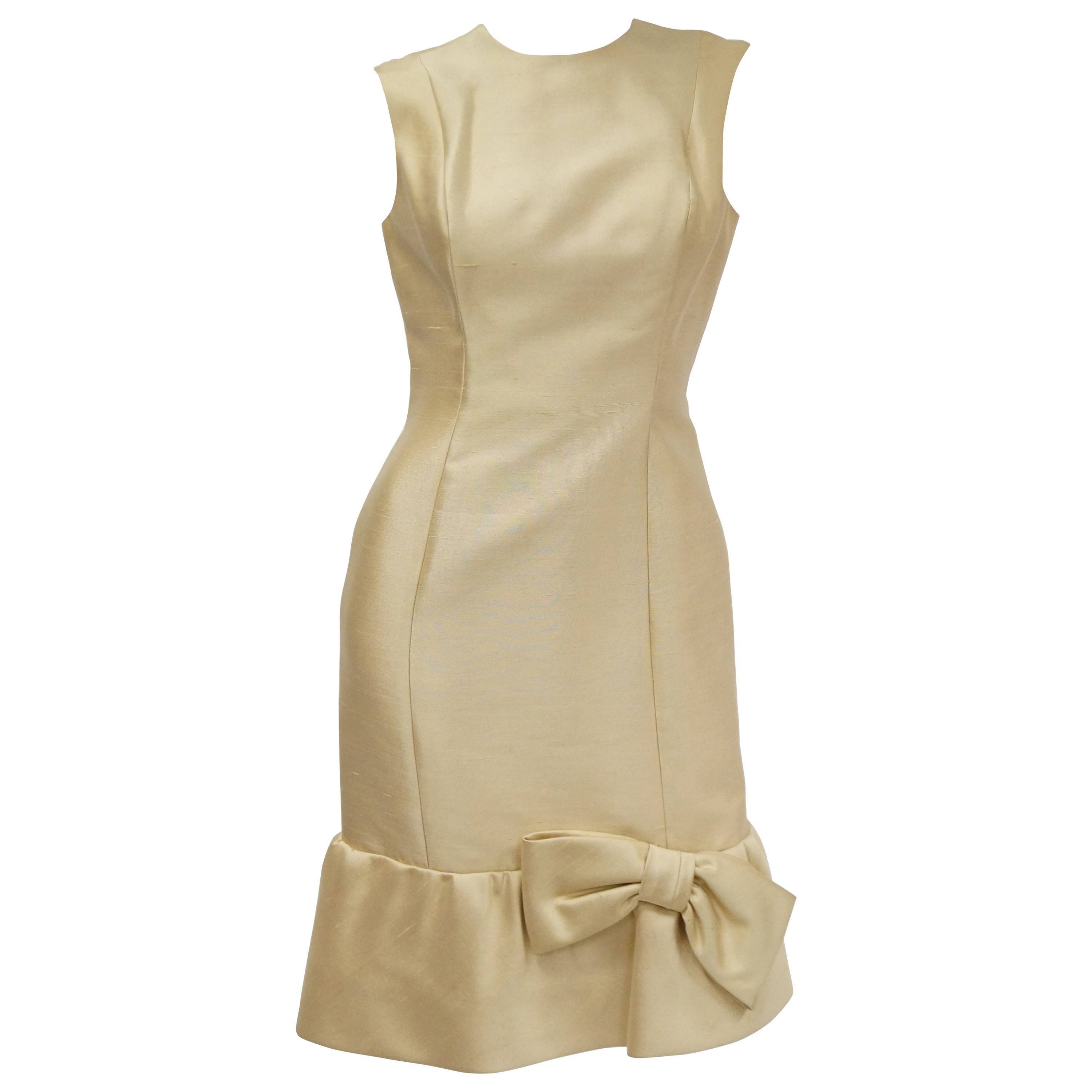 1960s Mardi Gras Champagne Gold Cocktail Sheath Dress with Bow Detail For Sale