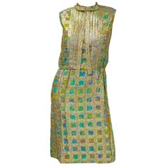 Vintage 1960s Saks Fifth Avenue Blue & Gold Lame Psychedelic Swirl Cocktail Dress 