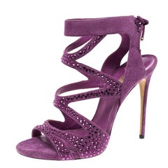 Casadei Purple Crystal Embellished Suede Cut Out Peep Toe Sandals Size 41