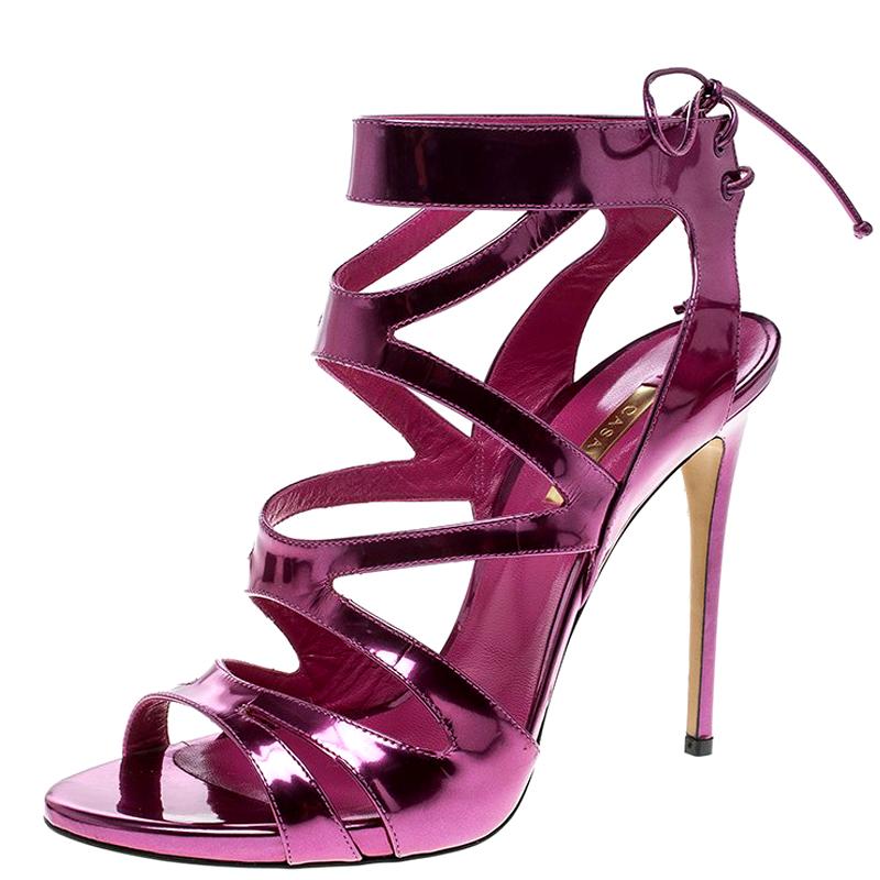 Casadei Metallic Pink Leather Cut Out Peep Toe Sandals Size 41