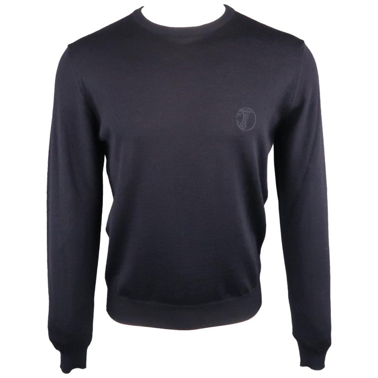 VERSACE -COLLECTION Size L Navy Solid Merino Wool Crew-Neck Pullover ...