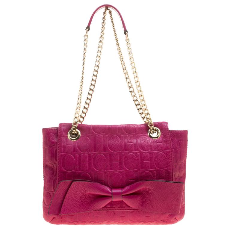 Carolina Herrera Hot Pink Monogram Leather Audrey Shoulder Bag