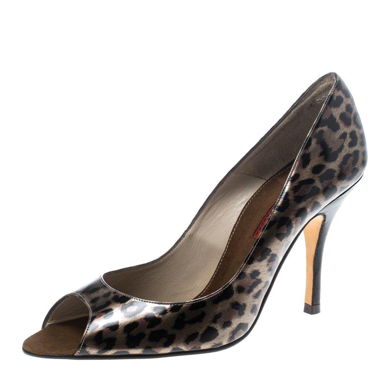 Carolina Herrera Leopard Print Leather Peep Toe Pumps Size 39