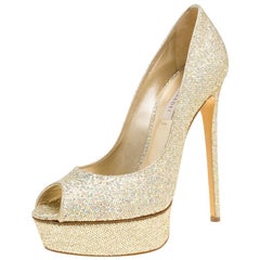 Casadei Gold Glitter Lamé Fabric Daisy Peep Toe Platform Pumps Size 40