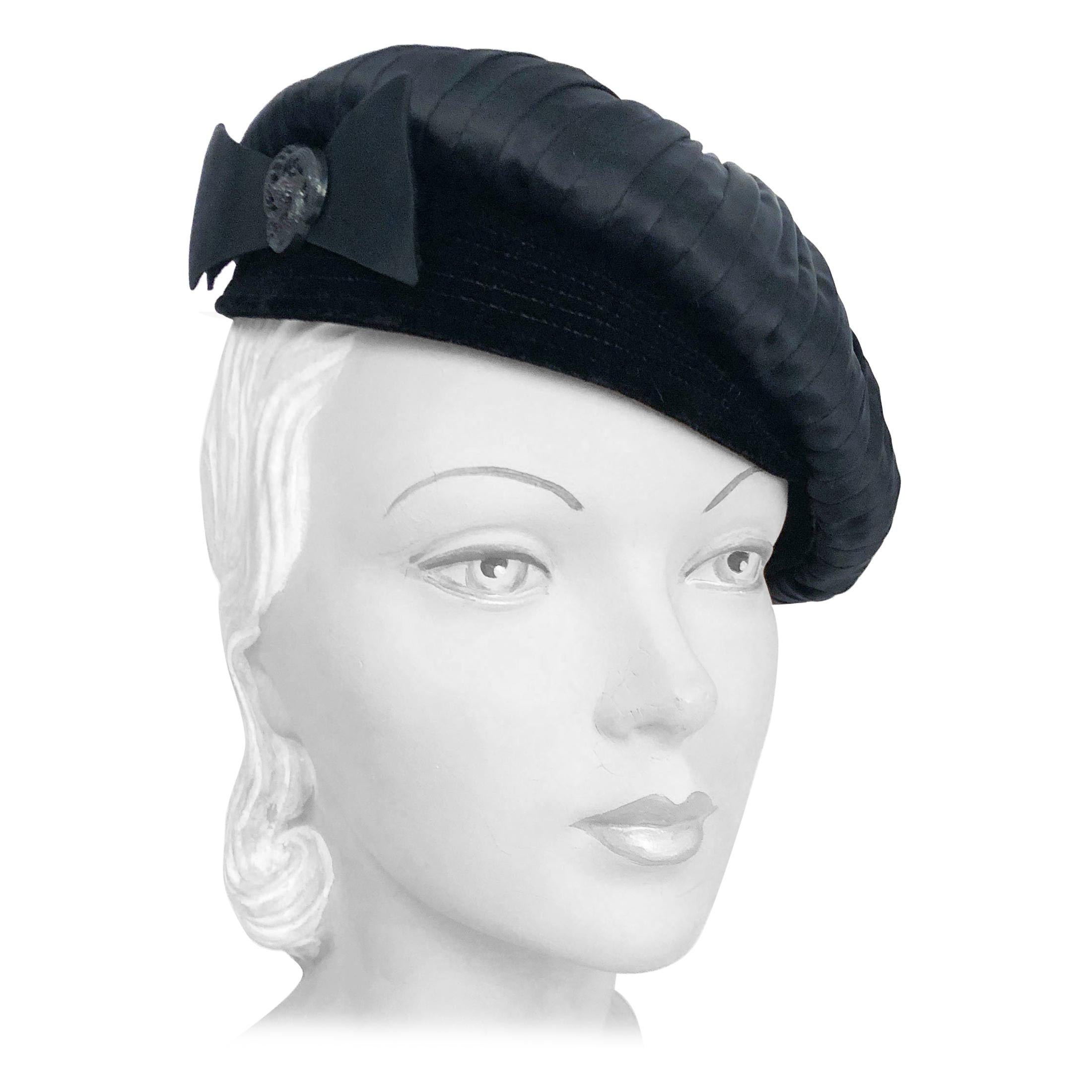 1950s Bonwit Teller Black Cap/Tam with Gathered Accents and Bow
