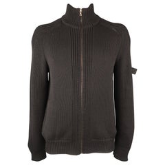 PRADA Size L Black Knitted Wool Zip Up Mock Neck Sweater