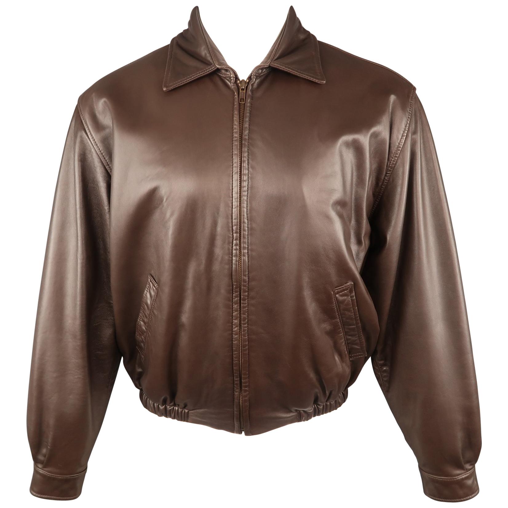 GOLDEN BEAR S Brown Solid Leather Zip Up Collared Bomber Jacket