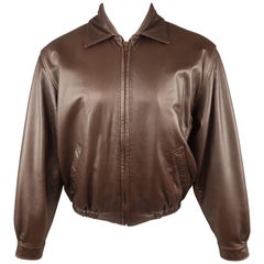 Retro GOLDEN BEAR S Brown Solid Leather Zip Up Collared Bomber Jacket