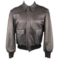 Vintage GOLDEN BEAR M Navy Distressed Leather Collared Bomber Jacket