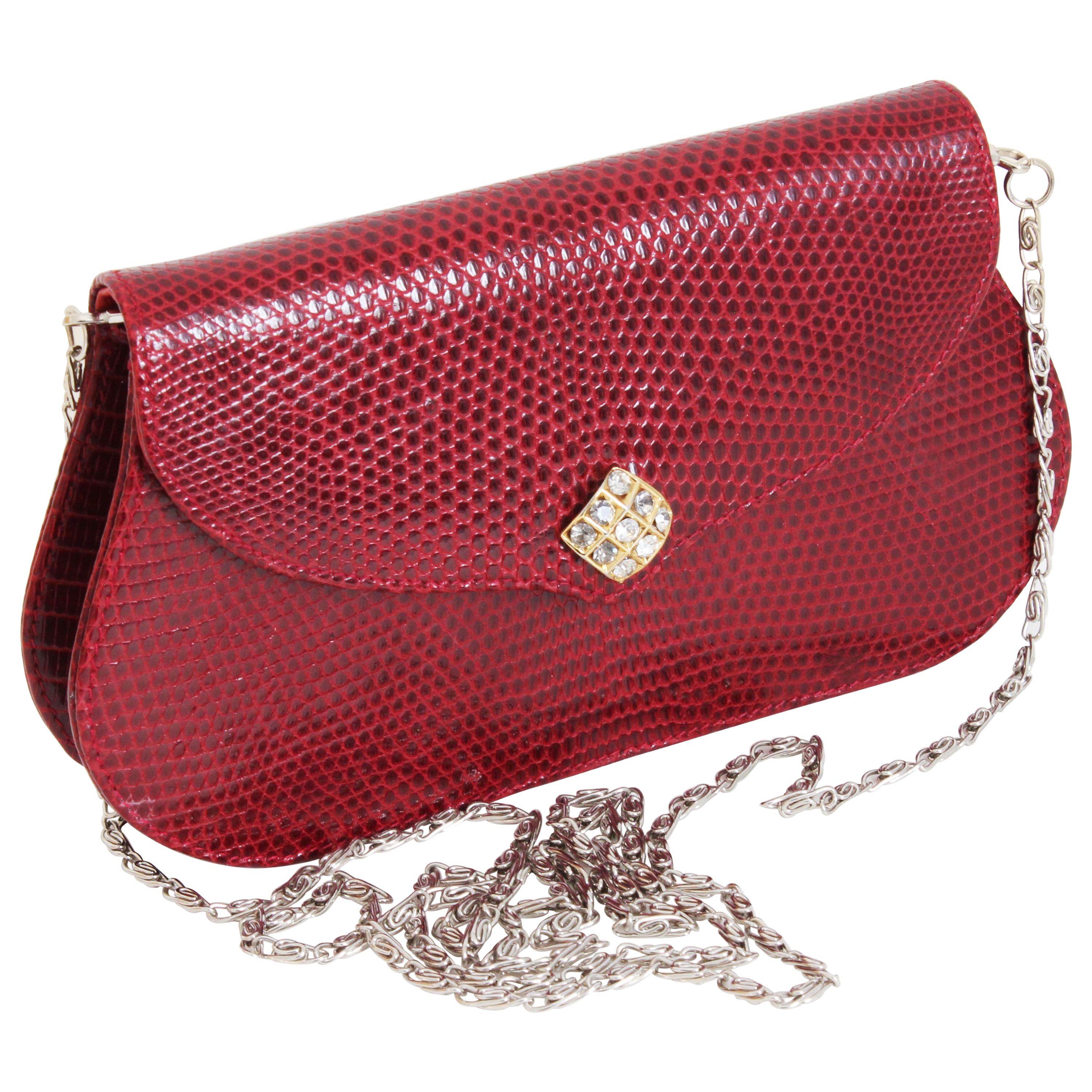 Lana of London Evening Bag Red Lizard Clutch with Chain 