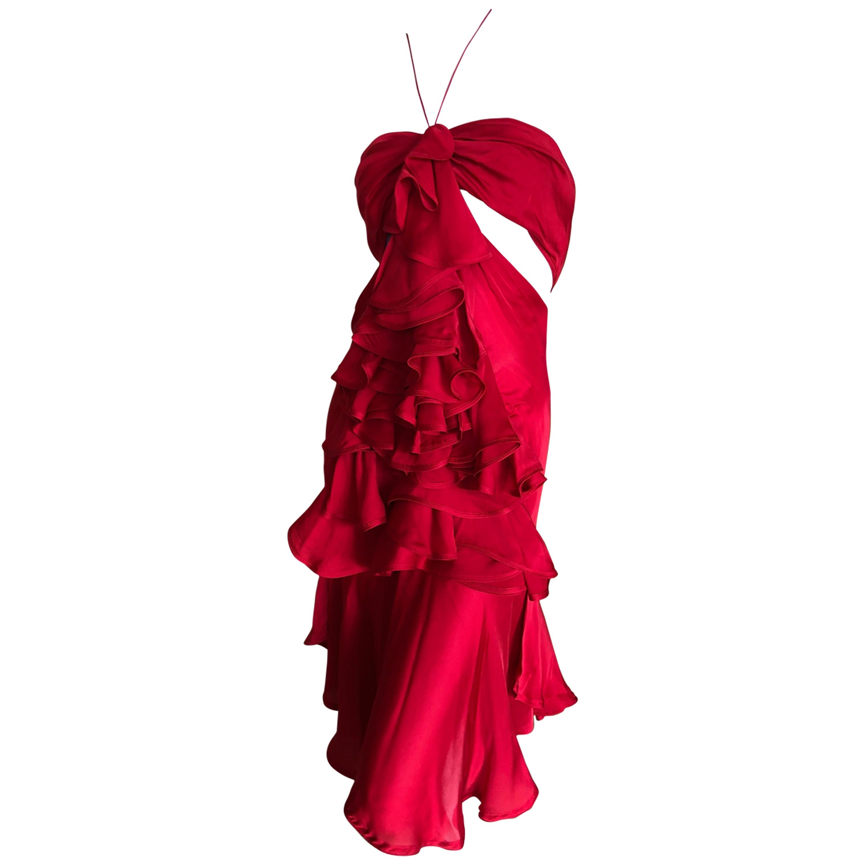 Yves Saint Laurent by Tom Ford 2003 Ruffled Red Silk Dress Size 40 For Sale