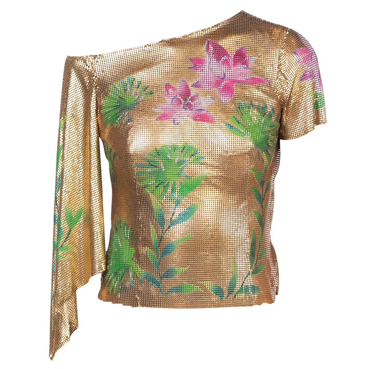 2000S GIANNI VERSACE Jlo Collection Top a una manica in maglia metallica oro tropicale in vendita