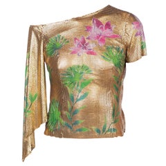 2000S GIANNI VERSACE Jlo Collection Tropical Gold Metal Mesh One Sleeve Top