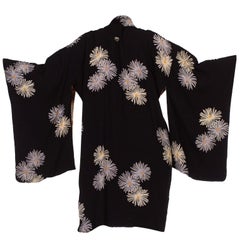 1940s Black Silk with Chrysanthemums Japanese Kimono