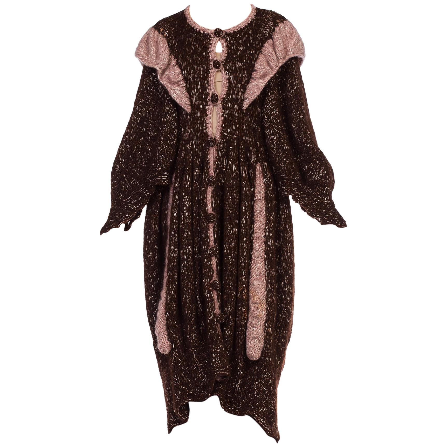1970S Brown & Pink Wool Hand Knit Boho Maxi Sweater Coat