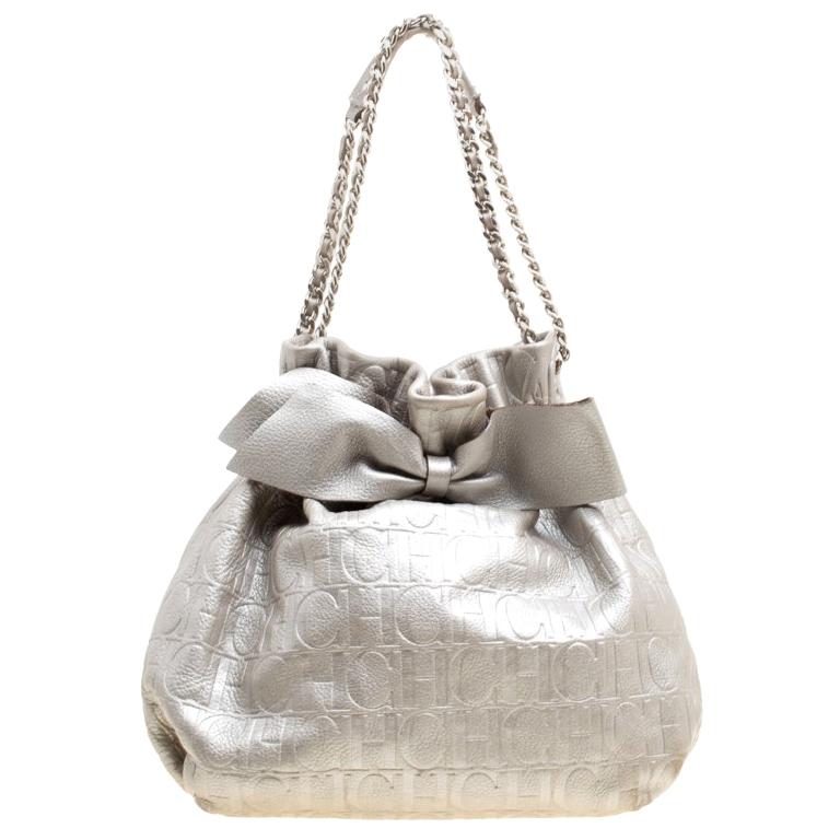 Carolina Herrera Silver Monogram Embossed Leather Bow Bucket Shoulder