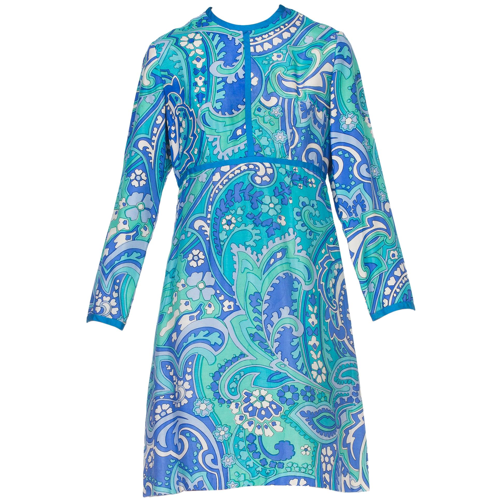 1960S I. MAGNIN Aqua  Psychedelic Silk Empire Waist Mod Long Sleeve Dress For Sale