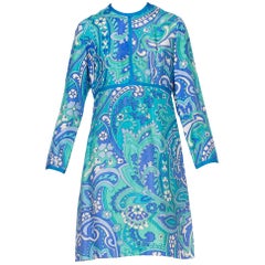 1960S I. MAGNIN Aqua  Psychedelic Silk Empire Waist Mod Long Sleeve Dress