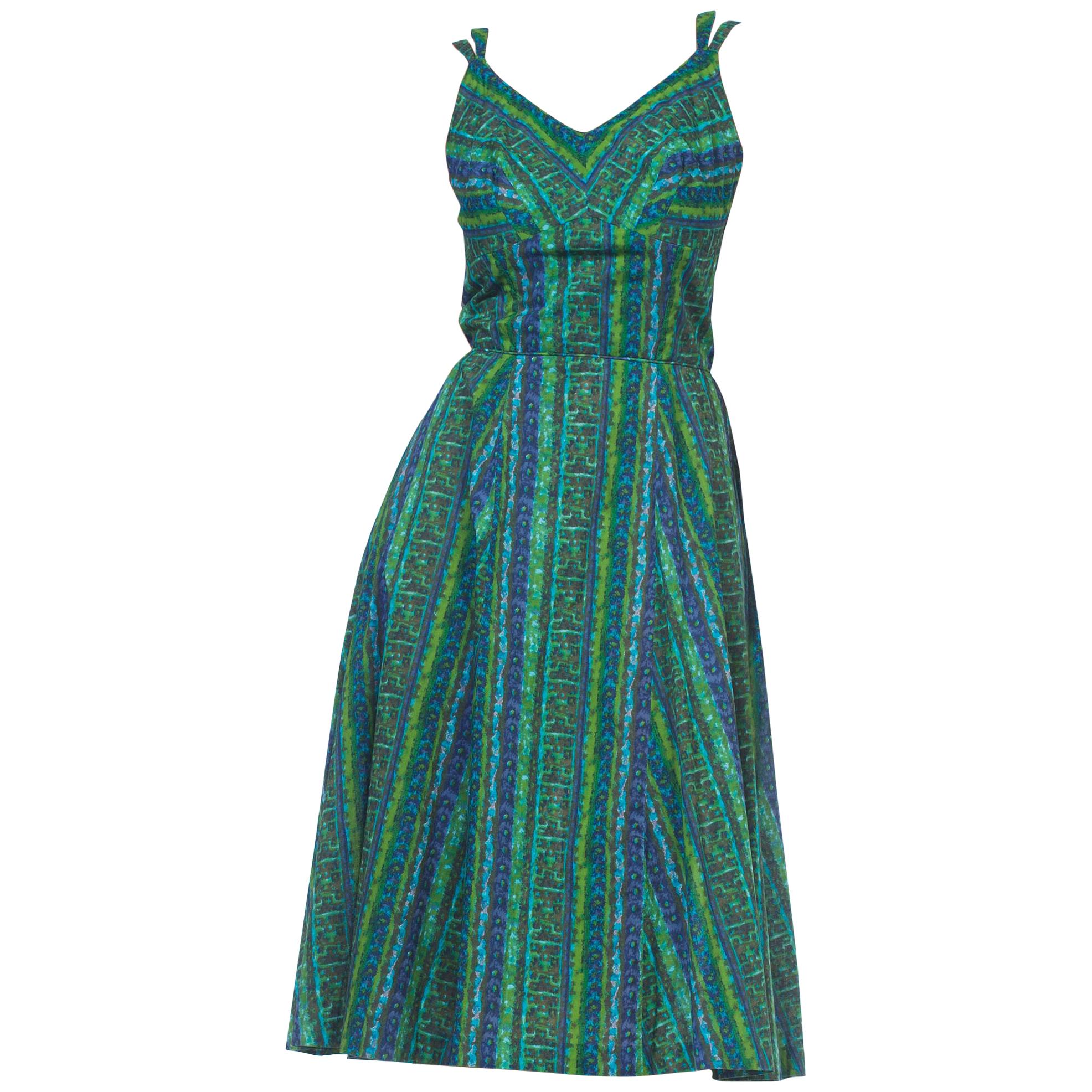 1950S Blue & Green Cotton Nani Of Hawaii Shelf Bust Tiki Dress For Sale