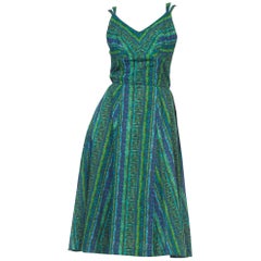 1950er Nani Of Hawaii Tiki-Kleid aus blauer und grüner Baumwolle mit Regalbüste