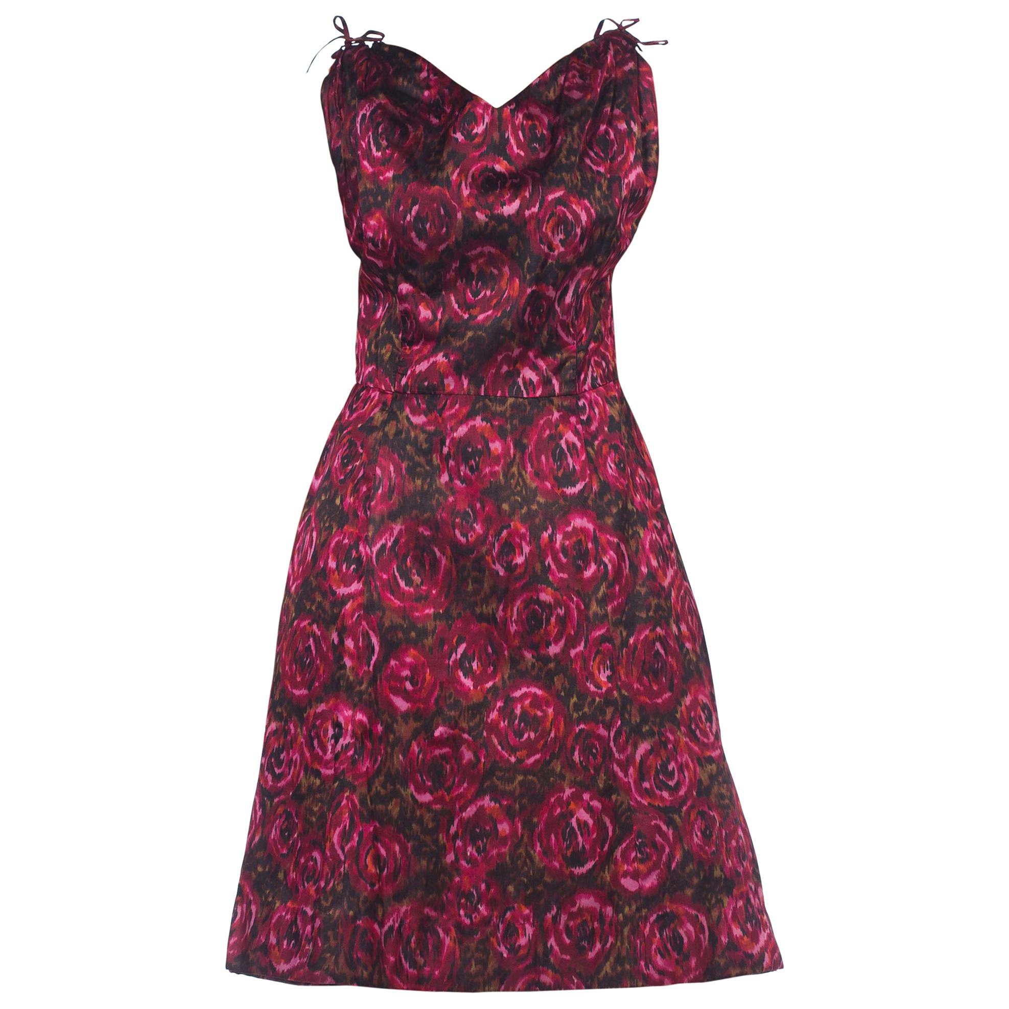 1950S Cranberry Red & Black Silk Satin Floral Ikat Cocktail Dress