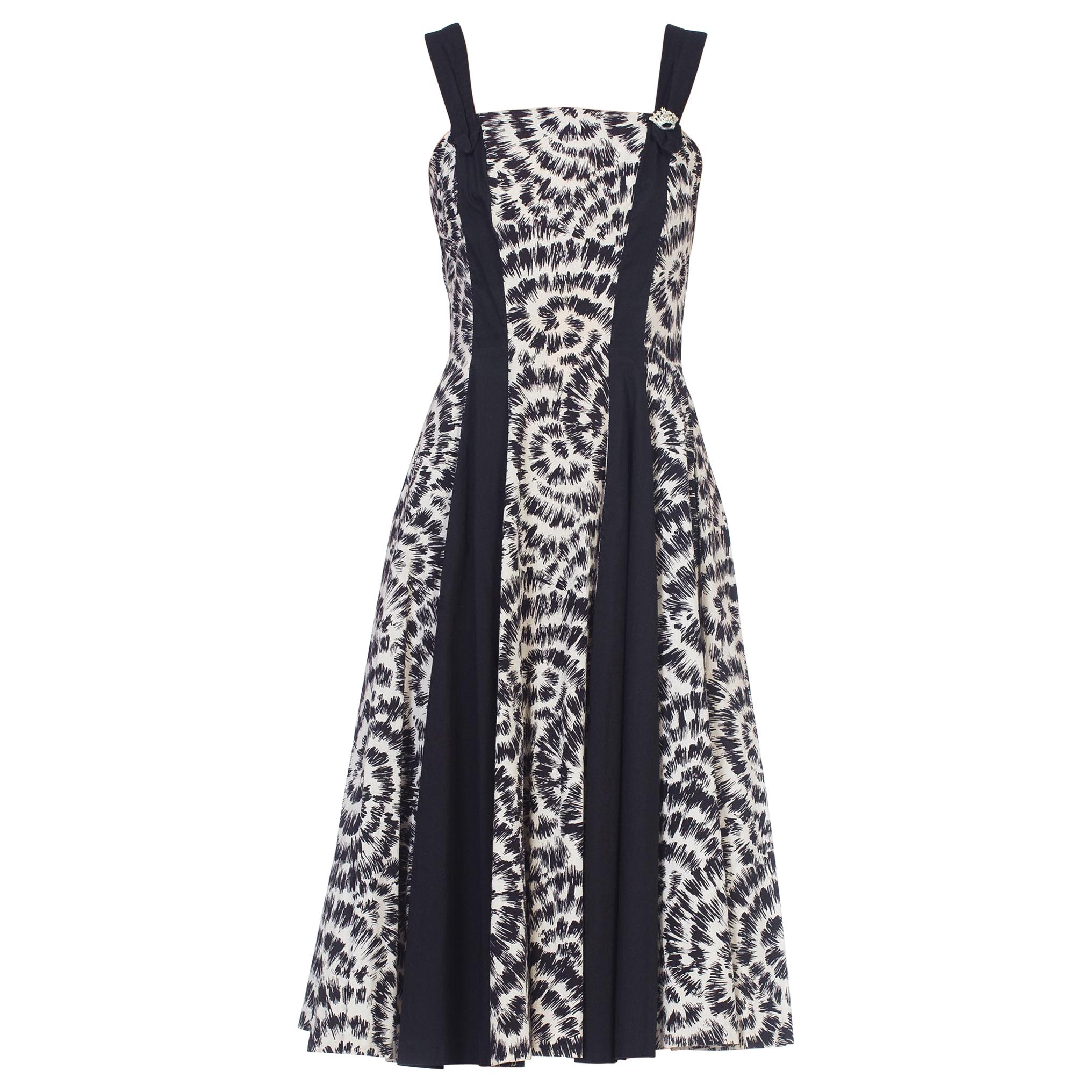 1950S Black & White Printed Cotton Fit Flare Dress