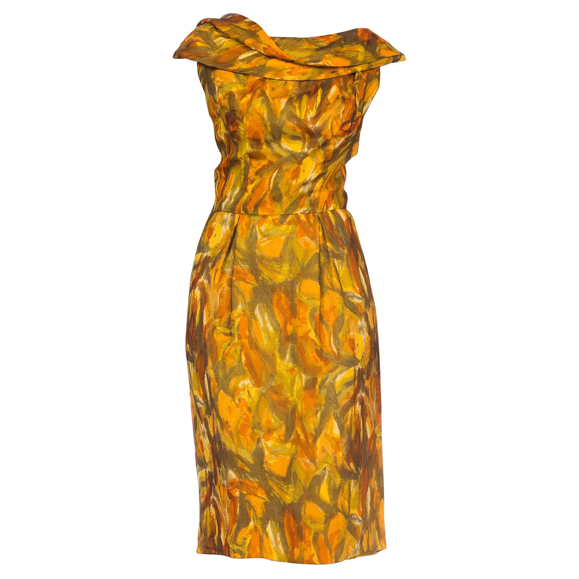 1950S Mustard Yellow & Olive Green Silk Chiffon Abstract Expressionist Floral B For Sale