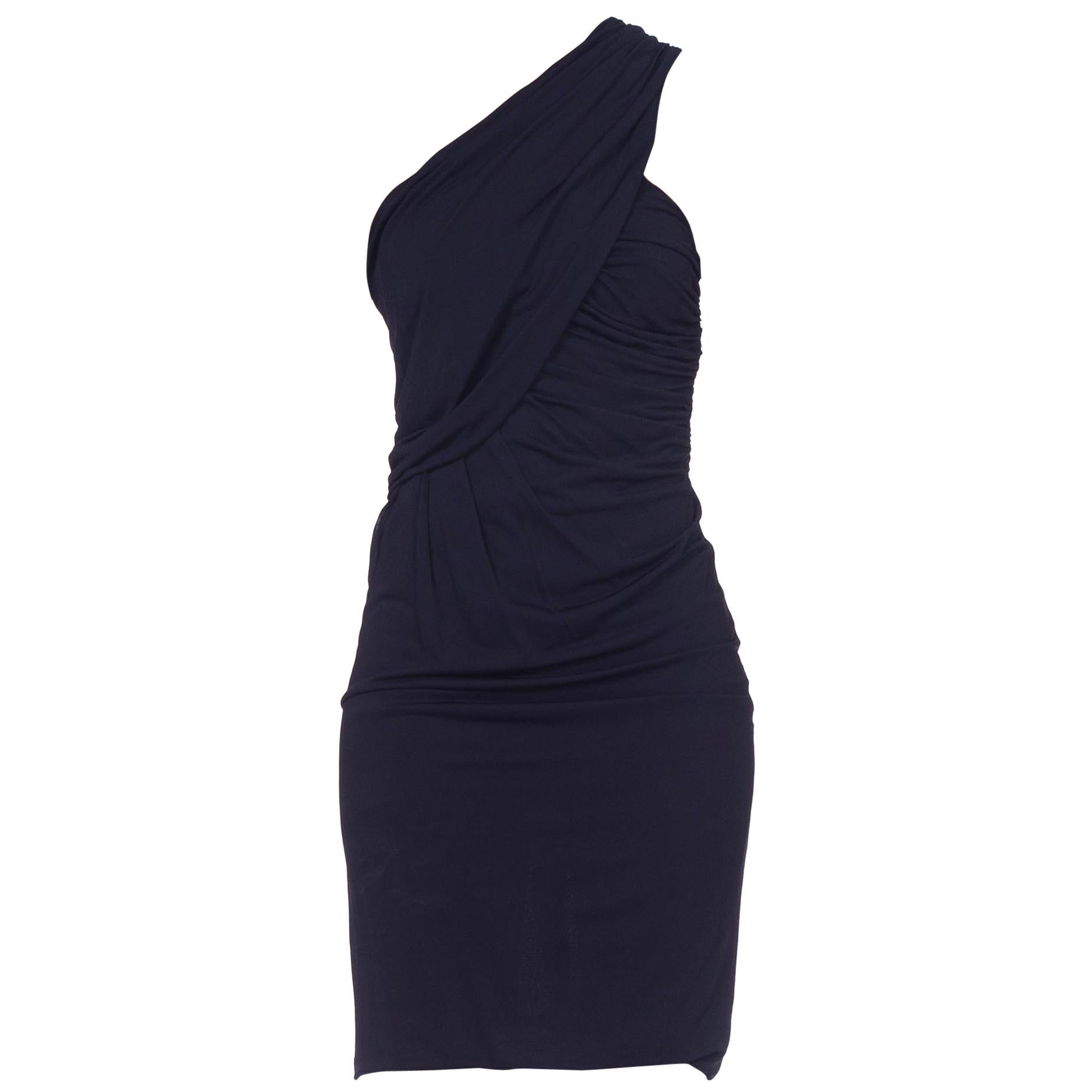 1990S YIGAL AZROUEL Navy Blue Rayon Slinky Jersey One Shoulder Cocktail Dress For Sale
