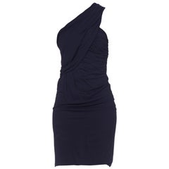 1990S YIGAL AZROUEL Navy Blue Rayon Slinky Jersey One Shoulder Cocktail Dress