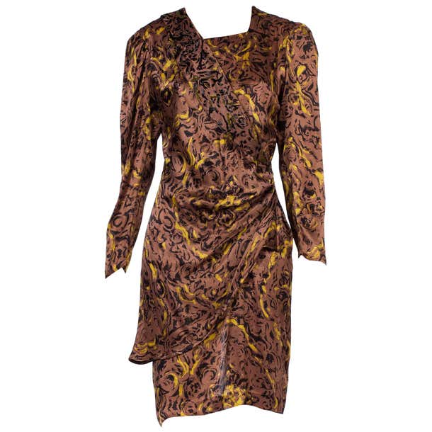 1980S Brown and Black Silk Charmeuse YSL Style Draped Long Sleeve Dress ...