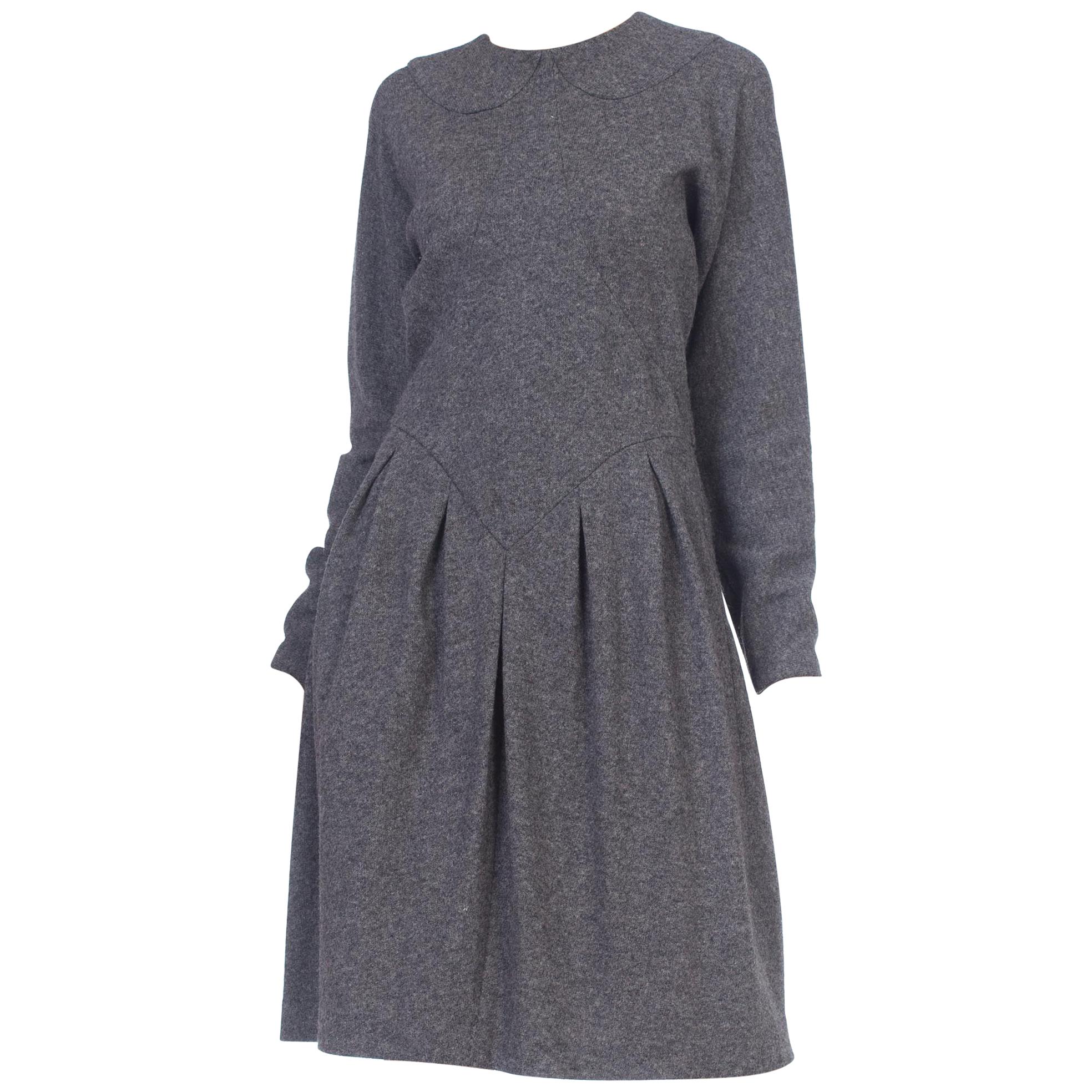 1980S GEOFFREY BEENE Grey Wool Knit Long Sleeve Sweater Dress With Partial Silk For Sale