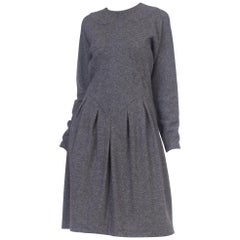 1980S GEOFFREY BEENE Grey Wool Knit Long Sleeve Sweater Dress With Partial Silk