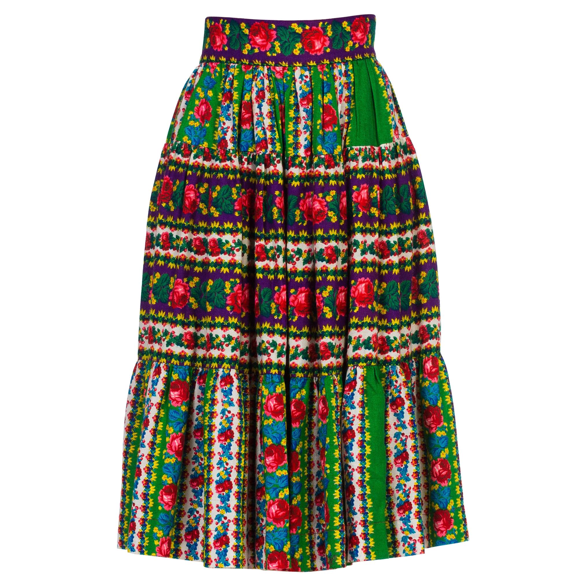 1970S Bright Multicolor Cotton  Boho Floral Rose Skirt For Sale