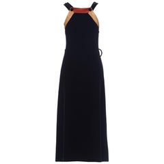 1970s Velvet Dress With OVerall Bib Front And Leather Detail