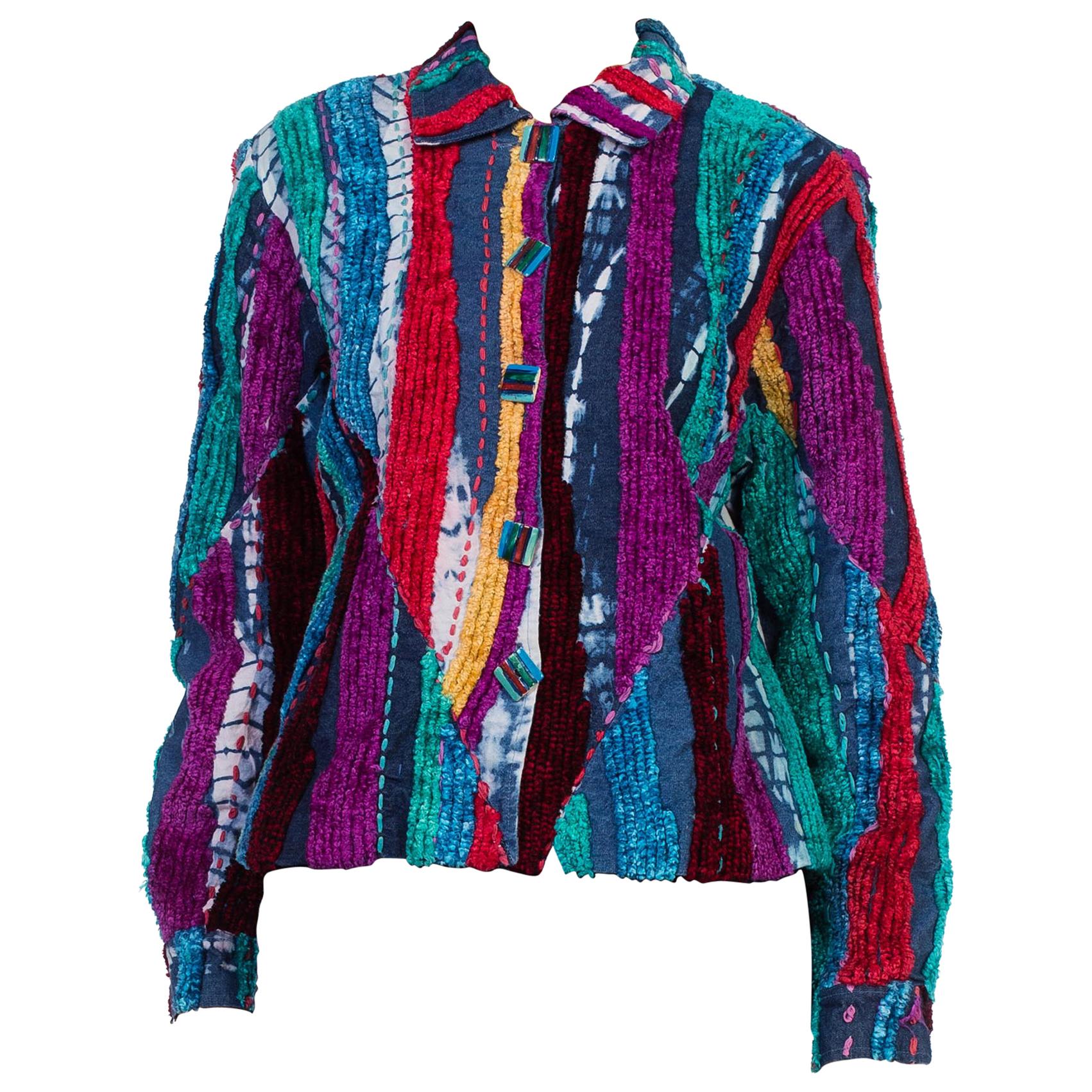 1990s Chenille Embroidered Tie Dye Denim Jacket