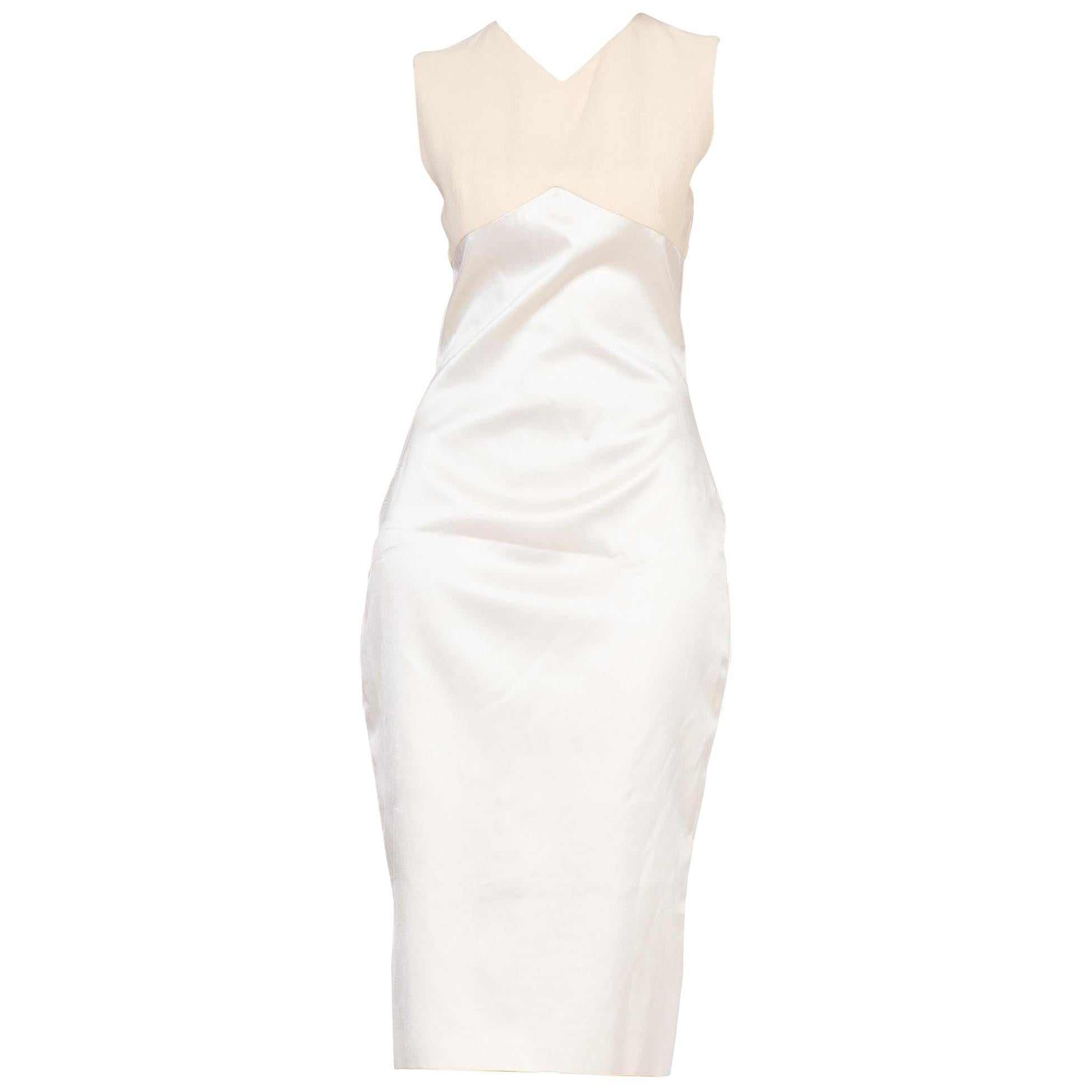 1990S GIANNI VERSACE Cream Silk Satin Sharply Fitted Dress With Stretch Wool At For Sale