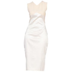 1990S GIANNI VERSACE Cream Silk Satin Sharply Fitted Dress With Stretch Wool At