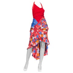 MORPHEW COLLECTION Red & Blue Silk Lace Dress With Zippers Snakeskin Detailing