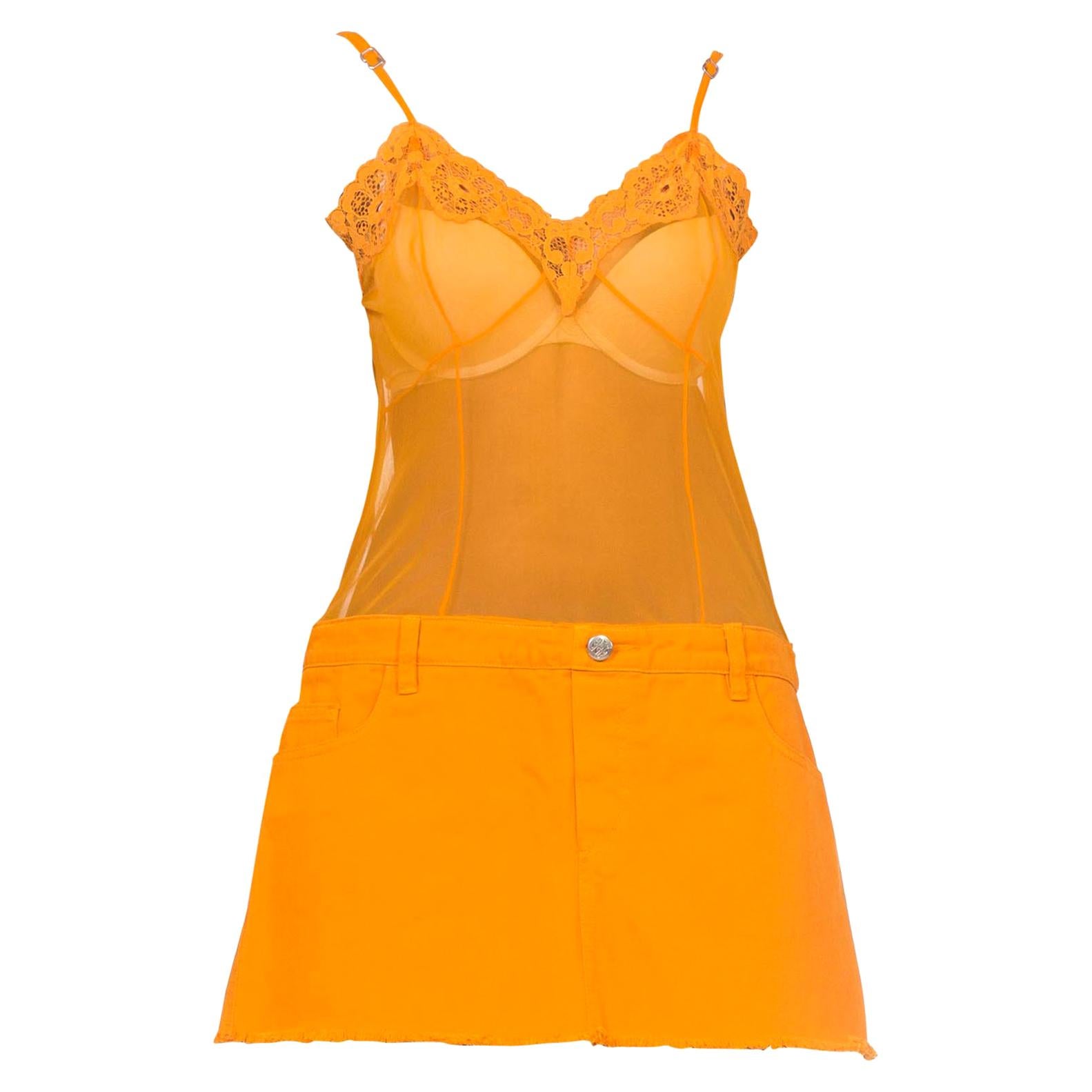 1990S JEAN PAUL GAULTIER Orange Nylon & Cotton JPG Sheer Slip Dress