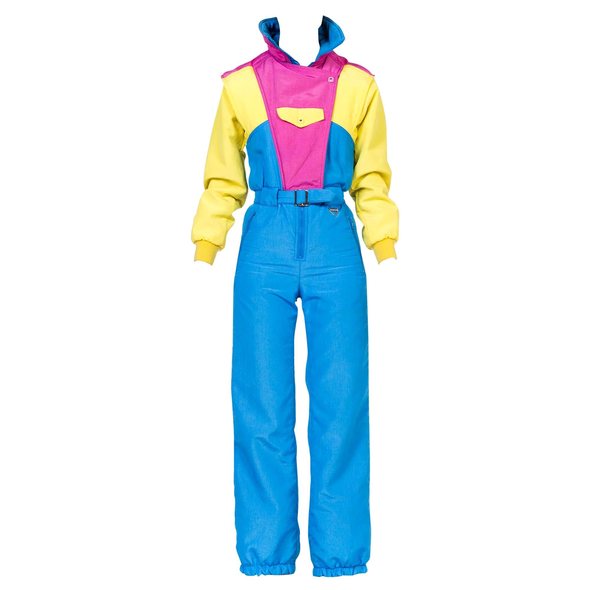 1980S Neon Hot Pink , Aqua & Yellow Nylon Puffer Ski Jumpsuit For Sale