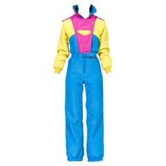 1980S Neon Hot Pink , Aqua & Yellow Nylon Puffer Ski Jumpsuit